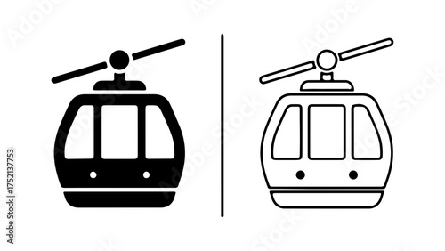 A set of two cable car icons, one presented as a solid black glyph and the other as a simple line art outline.