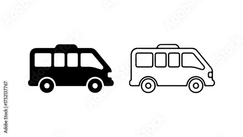 A set of two van icons, one in solid black silhouette and the other as a simple outline on a white background.