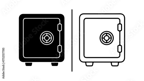 A set of two bank safe icons, one depicted as a solid black glyph and the other as a simple outline.