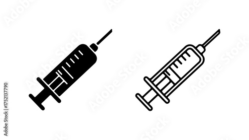 A set of two medical syringe icons, one a solid black glyph and the other an outline style, isolated on a white background.