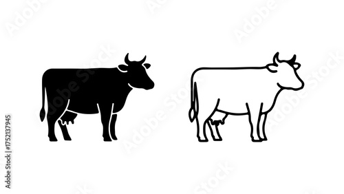 Two cow icons, a black silhouette and a white outline version, isolated on a white background.
