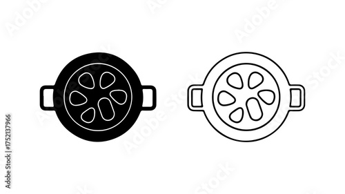 A set of cooking pot icons, one solid and one outline, showing food from a top-down perspective.