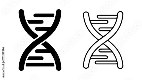 Two simple icons of a DNA double helix structure, one solid black and one as a white outline.