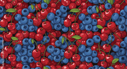 A vibrant close up of a delicious pattern of red cherries and juicy blue blueberries.