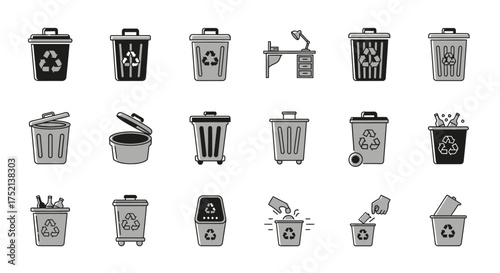 A collection of various trash cans and recycling bins, some with recycle symbols, shown in a grayscale vector illustration.