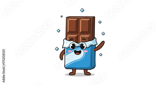 A happy cartoon chocolate bar with a wrapper waving hello and little blue squares floating around it.