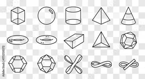 A collection of outlined geometric shapes, including a cube, sphere, cylinder, pyramid, cone, torus, rectangular prism, tetrahedron, and various polyhedra.