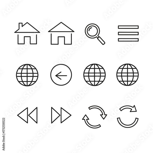 A collection of twelve minimalist line art icons, including home, search, menu, globe, back arrow, and refresh symbols, arranged in a grid pattern.