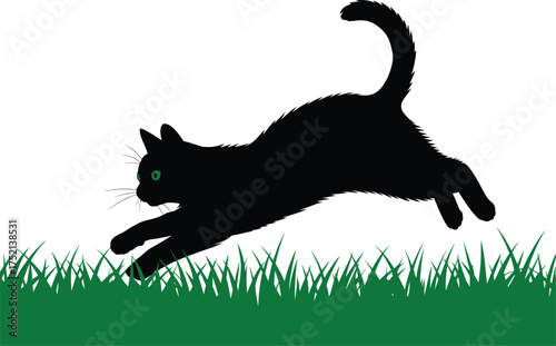 Black cat silhouette leaping through green grass vector art illustration design