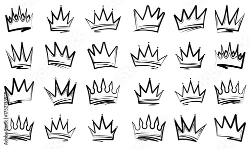 Collection of sketch style hand drawn black and white various crown icons. King queen crowns hand drawn royal symbol. Vector design for royalty, luxury, branding. Vector illustration.
