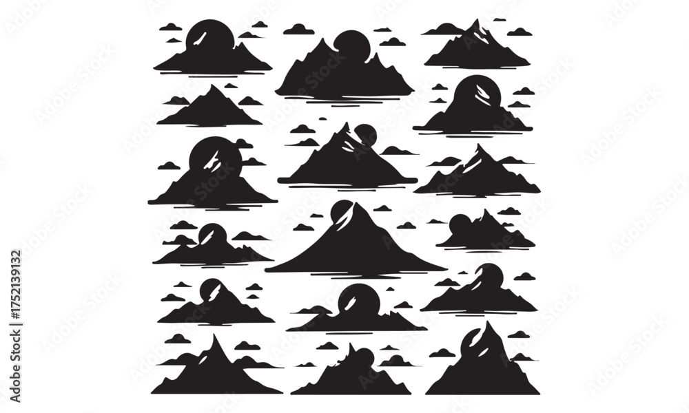 Fototapeta premium Collection of Hand-Drawn Mountain Peaks and Hill Silhouettes