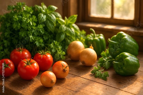 Rustic Kitchen Counter with Fresh Vegetables. Photorealistic close-up of a rustic wooden counter with fresh tomatoes, bell peppers, onions, parsley, and basil, lit by soft morning sunlight