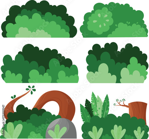 Stylized Green Bushes and Forest Foliage Elements Collection