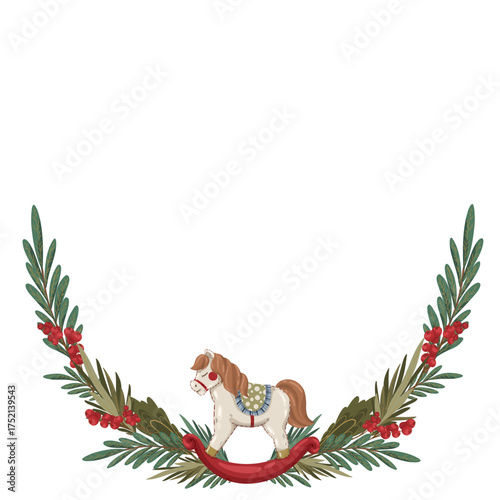 Christmas half-wreath frame with a rocking horse, fir branches, and holly berries. Hand drawn vector illustration in vintage style