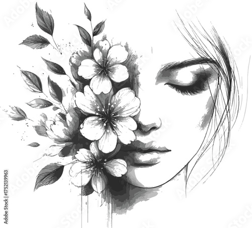 A striking black-and-white portrait where a woman’s serene face dissolves into blooming flowers on the left, blending beauty, nature, and art in a dreamy pencil sketch.