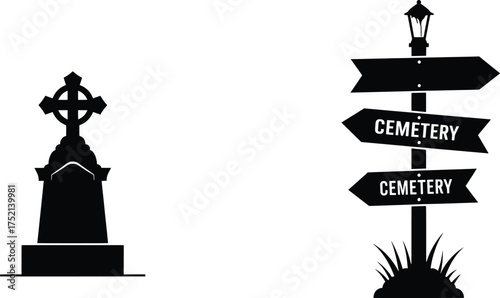 Eerie Tombstones and Directional Signs in a Spooky Cemetery Environment at Dusk - Graphic Illustration for Halloween Celebrations