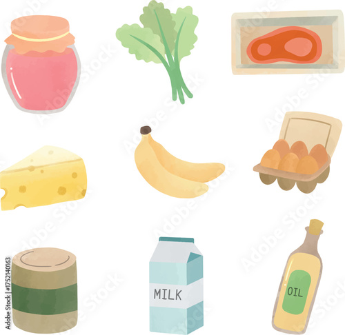 Cute groceries doodle watercolor illustration vector isolated collection set. Hand drawn clipart of egg, milk, oil, meat, jam, cheese for asset, design, menu, restaurant