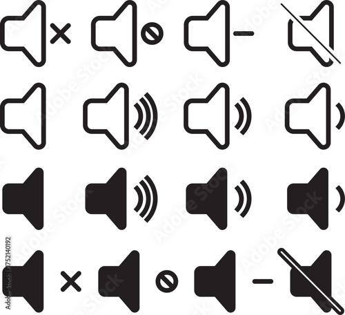 Volume icon set. Speaker icon set. volume icon vector. speaker icon set. full, low, Medium noise icons symbol. sound level. silent signs 