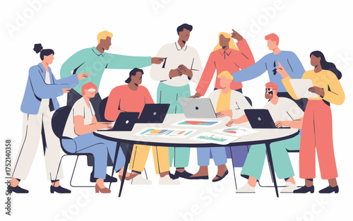 Dynamic diverse team collaborating on project with laptops and charts in a modern workspace, fostering innovation and growth in a vibrant, inclusive environment