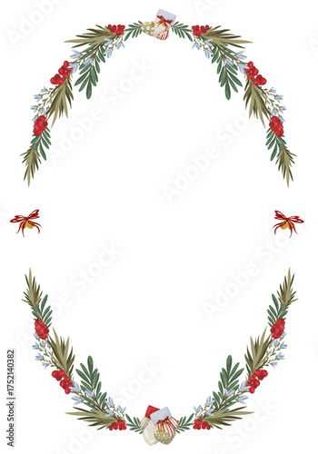 Christmas oval border frame with holiday foliage, berries, jingle bells, and a tiny stocking. Hand drawn vector illustration.