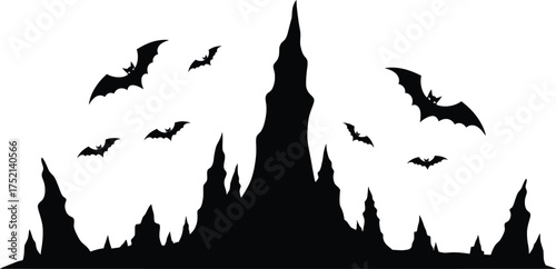Dark Castle with Bats in Silhouette, Spooky Atmosphere, Graphic Illustration, Eerie Night Viewpoint, Haunting Concept