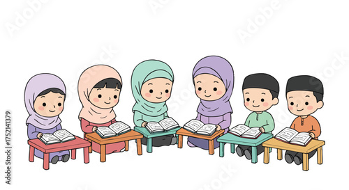 illustration of cheerful Muslim children sitting in a circle reciting the Qur’an together on a white background
