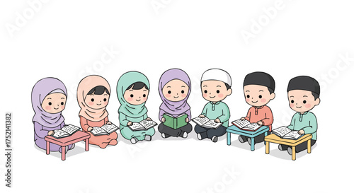 illustration of cheerful Muslim children sitting in a circle reciting the Qur’an together on a white background