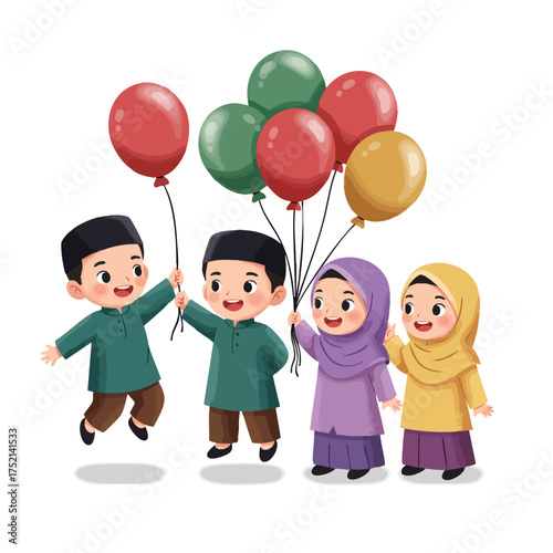 Cute chibi Muslim kids holding colorful balloons after Qur’an class, white background.