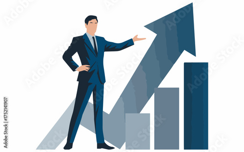 Confident businessman in suit presenting dynamic growth strategy with rising arrow and graph, symbolizing success and achievement for corporate ventures