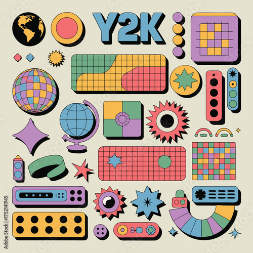Y2kthemed graphic with retro elements, showcasing a colorful collage of vintage technology and design motifs reminiscent of the early 2000s, isolated on white background