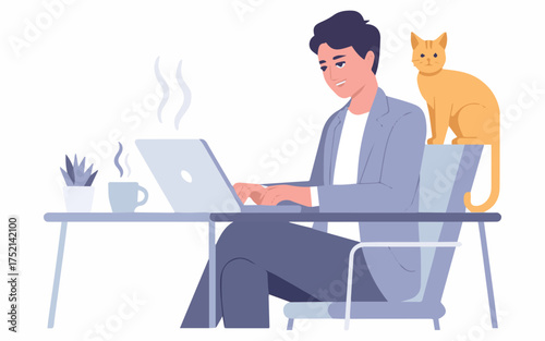 Professional working from home with his cat, enjoying a coffee break while responding to emails on his laptop in a modern workspace during a sunny day
