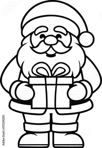 Cartoon Santa Claus holding gift box line art icon. Simple full body vector drawing of happy Santa with a present. Christmas holiday character symbol. Black and white outline illustration isolated.