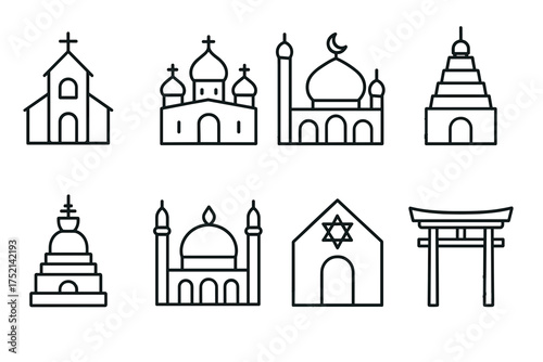Outline vector icons of religious buildings: church, mosque, temple, pagoda, synagogue, and torii gate — set of modern line style icons, transparent background.  