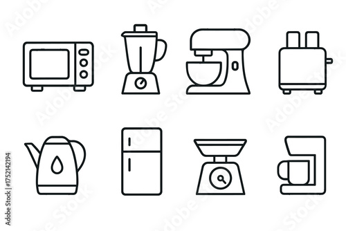 Kitchen appliance icons set with modern line style on transparent background  