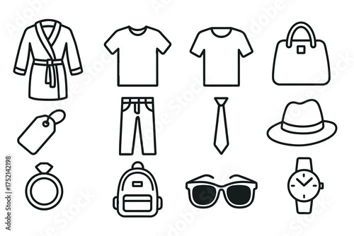 Clothing and accessories outline vector icons: robe, t-shirt, jeans, bag  