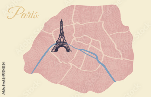 Flat vector map of Paris on pink background