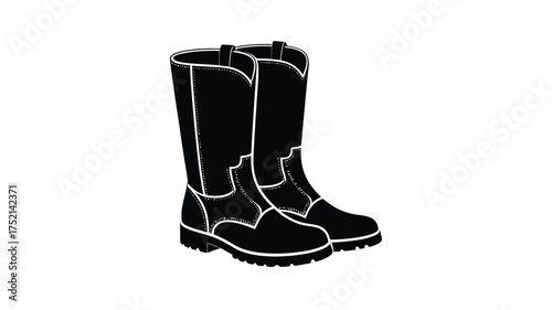 Classic black leather tall riding boots with white stitching and thick soles