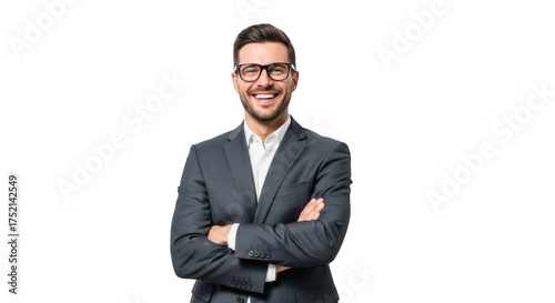 Smiling businessman in suit with arms crossed isolated on transparent background