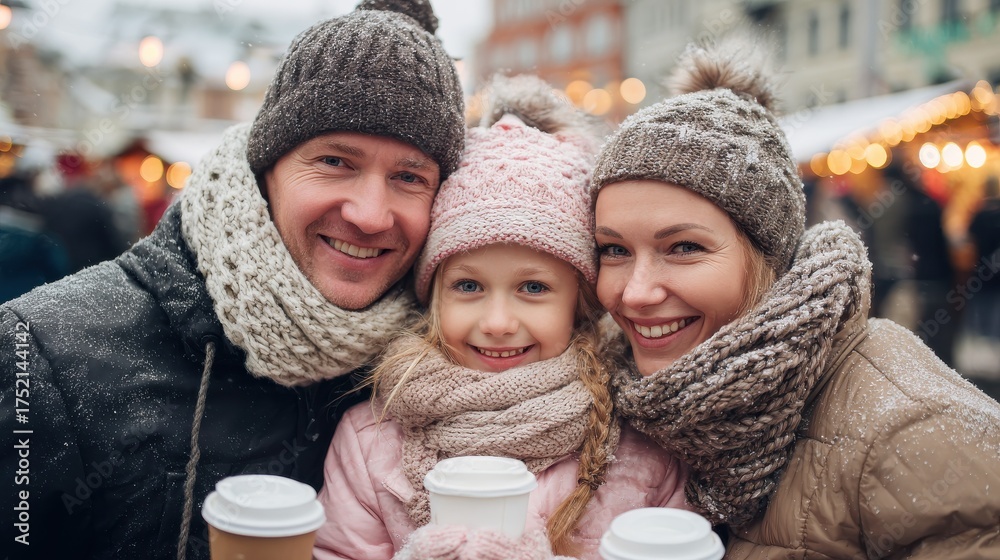 Obraz premium family winter holidays and celebration concept happy mother father and little daughter with takeaway hot drinks at christmas market on town hall square in tallinn estonia no logos no brands ar 169