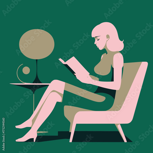 A Woman in a Green Dress Enjoys Reading a Book While Sitting in a Stylish Chair