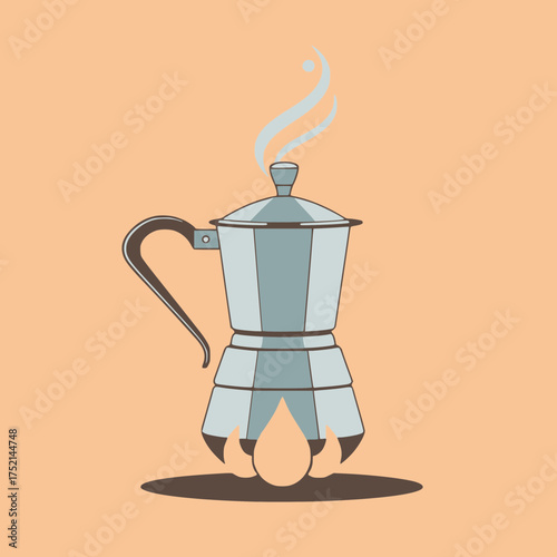 Classic Stovetop Moka Pot Brewing Rich Aromatic Coffee On A Warm Orange Background With Gentle Steam Rising