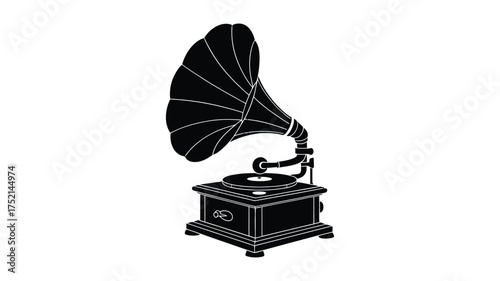Vintage gramophone with large horn silhouette on white background