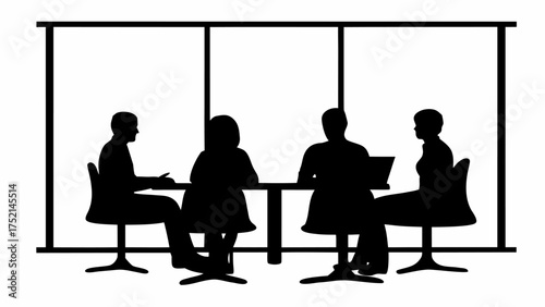 Silhouette of four people sitting at a table in a meeting room with large windows and swivel chairs | editable eps vectors