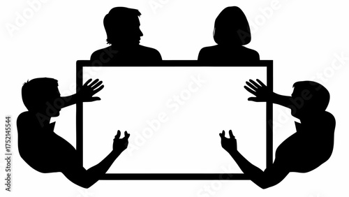 Silhouette of two people holding a blank white board with two other people looking over it above them | editable eps vectors