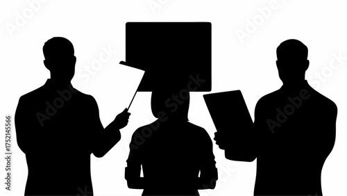 Silhouette of three individuals, one holding a pointer and another holding a clipboard like object | editable eps vectors