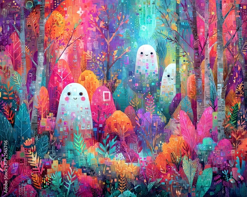 A vibrant, mystical forest filled with colorful ghost-like figures.