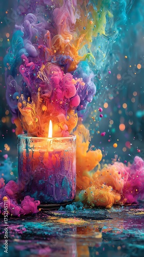 A colorful candle creating vibrant smoke in a serene setting.