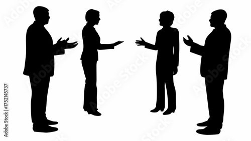 Silhouettes of four business people in a meeting exchanging ideas and discussing strategies together now | editable eps vectors