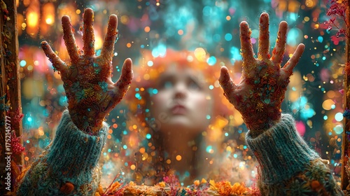 A person exploring emotions with colorful elements around them.