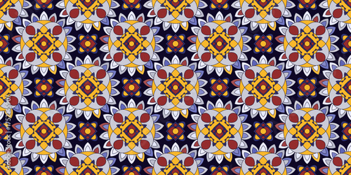 Seamless pattern with traditional Indian floral ornament for fabric swatch or wrapping paper. Vector abstract kaleidoscopic background